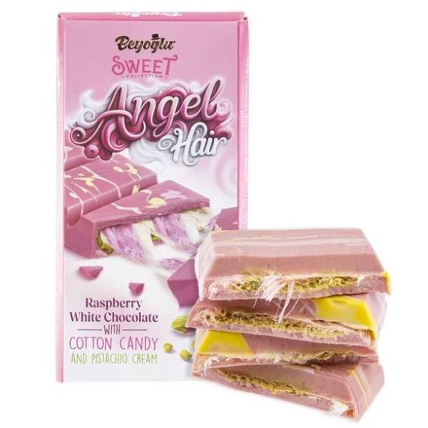 Dubai Angel Hair Raspberry White Chocolate filled with Cotton Candy & Pistachio Cream Block 170g